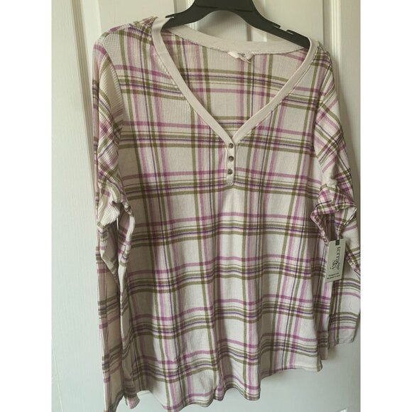 Terra & Sky Womens Plaid 2X Henley Top With Button Detail - Picture 1 of 6